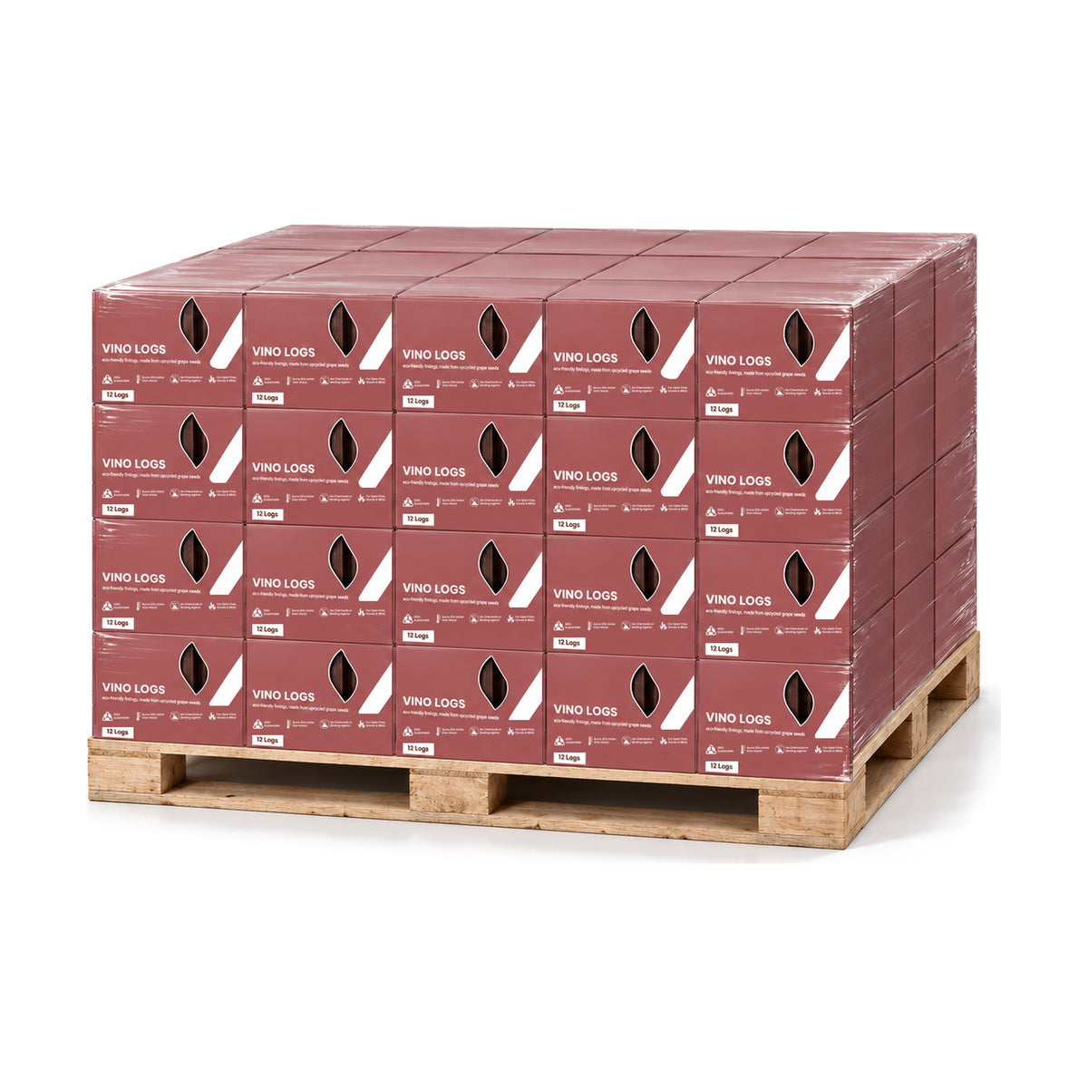 Vino Logs pallet of 60 boxes – bulk eco fire logs made from upcycled grape seeds